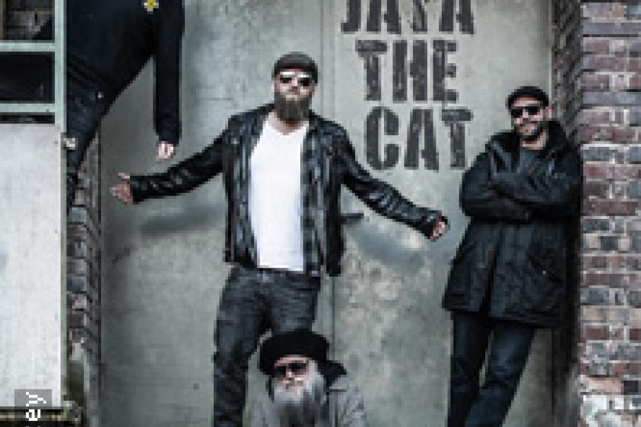Die Band Jaya the Cat posiert vor einer Backsteinmauer mit Graffiti.