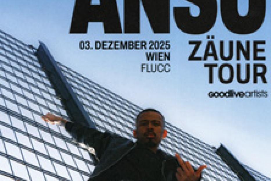 Ein Konzertplakat für Ansu's „Zäune Tour“ am 3. Dezember 2025 in Wien, mit dem Rapper vor einem Zaun.