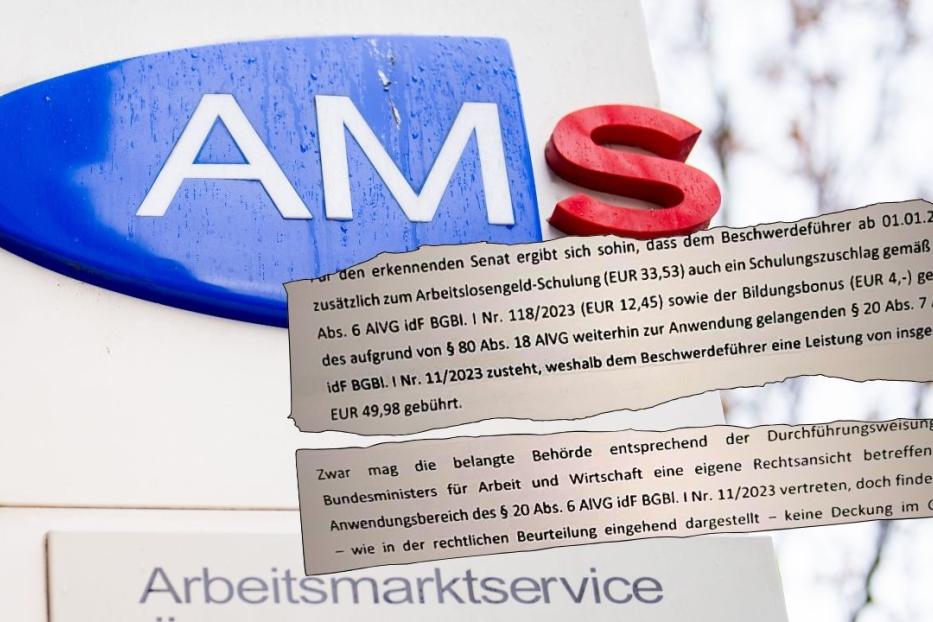 Das AMS Logo hinter zwei Schnipseln einer Gerichtsentscheidung