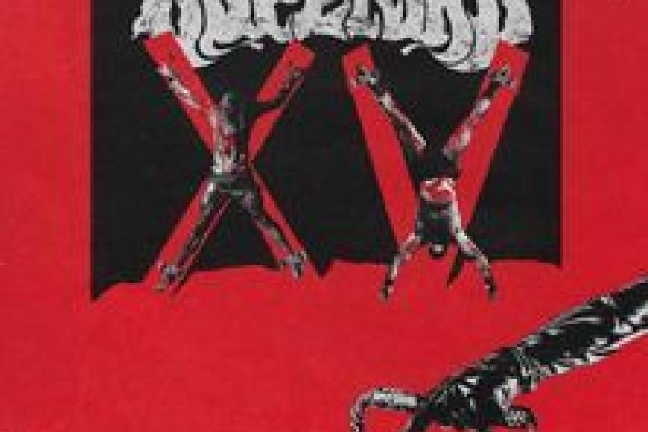 Das Cover für ein Konzert von Dopelord zeigt zwei gekreuzigte Figuren und eine Peitsche.