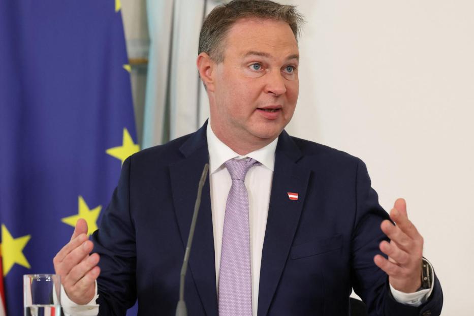 Austrian Vice Chancellor Babler addresses a press conference in Vienna