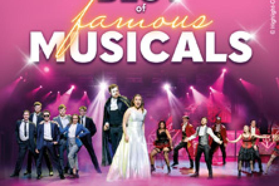 Ein Werbeplakat für „Best of Famous Musicals“ mit einer Gruppe von Darstellern in verschiedenen Kostümen vor einer Bühnenkulisse.