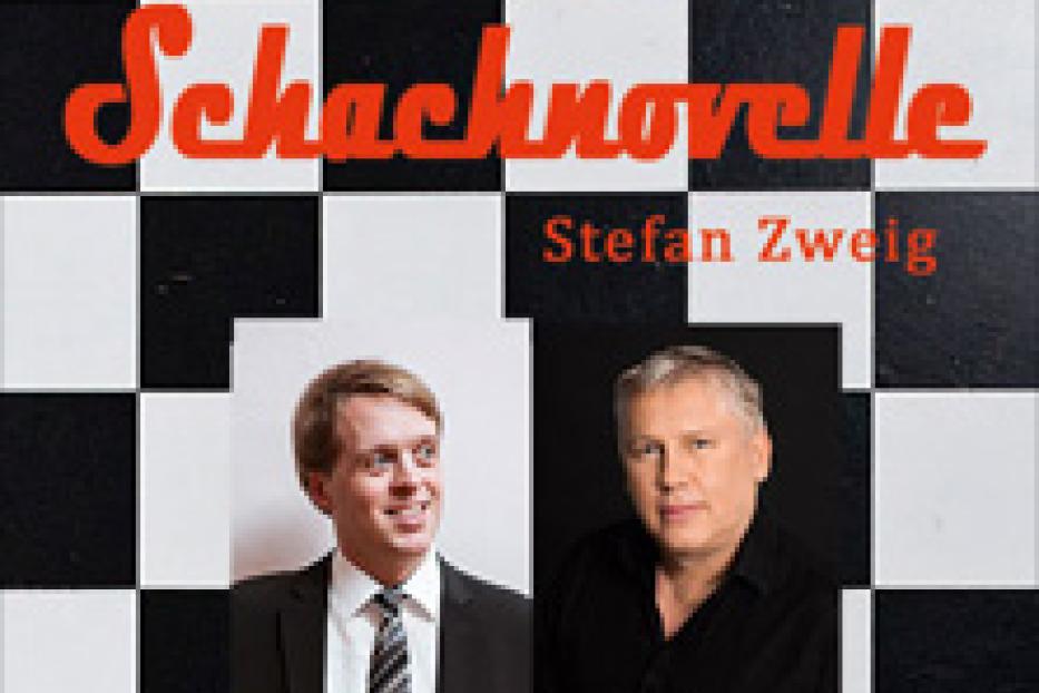 Cover der „Schachnovelle“ von Stefan Zweig mit zwei Porträtfotos auf einem Schachbrettmuster.