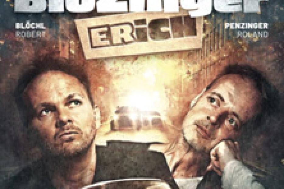 Das Cover von „Blözinger – Kopfkinokabarett“ zeigt Erich Penzinger und Robert Blöchl vor einem Auto.