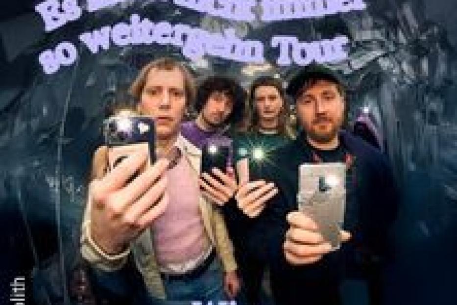 Das Cover der „Es kann nicht immer so weitergehen Tour“ von Pogendroblem zeigt die Band mit Handys vor einem dunklen Hintergrund.
