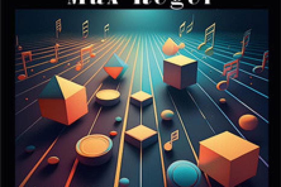 Abstrakte Darstellung eines Liederabends in der Krypta mit Musiknoten und geometrischen Formen im Stil von Max Reger.