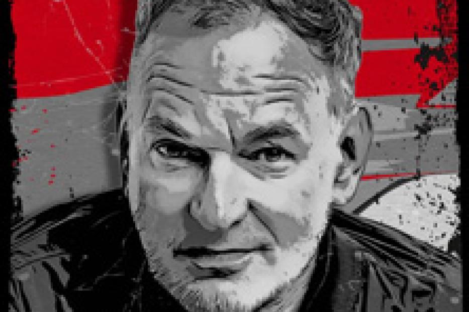 Ein Porträt von George Lois im Pop-Art-Stil vor einem roten und weißen Hintergrund.