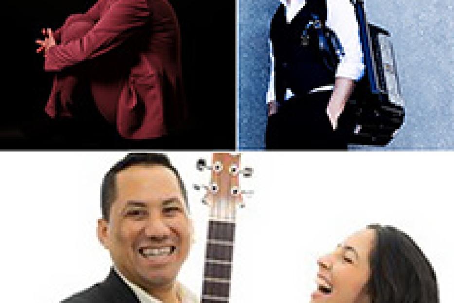 Collage mit Porträts von vier Musikern, darunter eine Flamenco-Tänzerin und ein Akkordeonspieler.