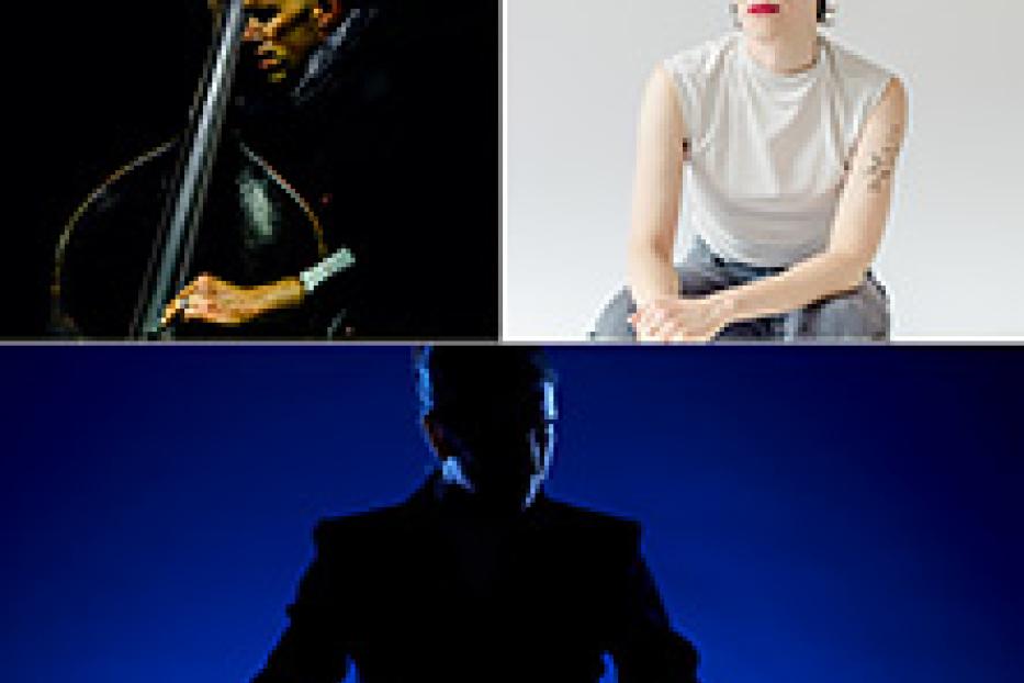Collage mit drei Fotos von Musikern: ein Bassist, eine Sängerin und ein Keyboarder.