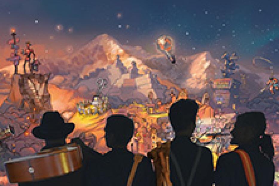Eine Gruppe von Musikern steht vor einer fantastischen Berglandschaft bei Dämmerung.