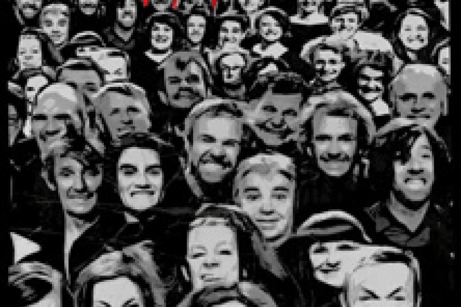 Eine stilisierte Darstellung einer großen Gruppe von Menschen vor einem roten Hintergrund.