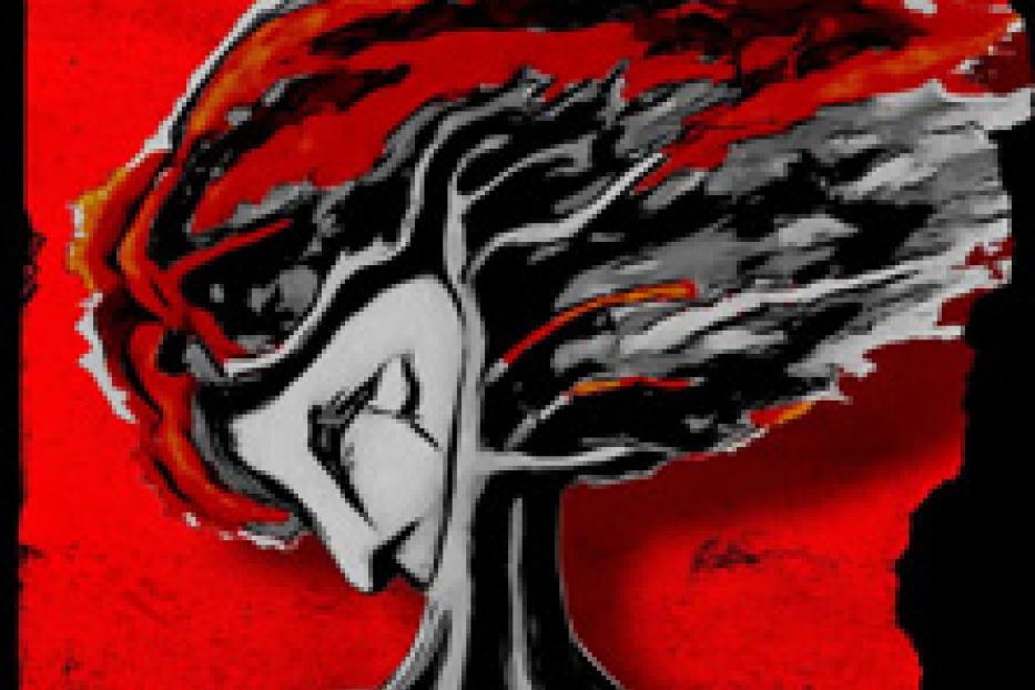 Eine stilisierte Darstellung eines Baumes, dessen Krone wie ein Gesicht mit traurigem Ausdruck geformt ist.