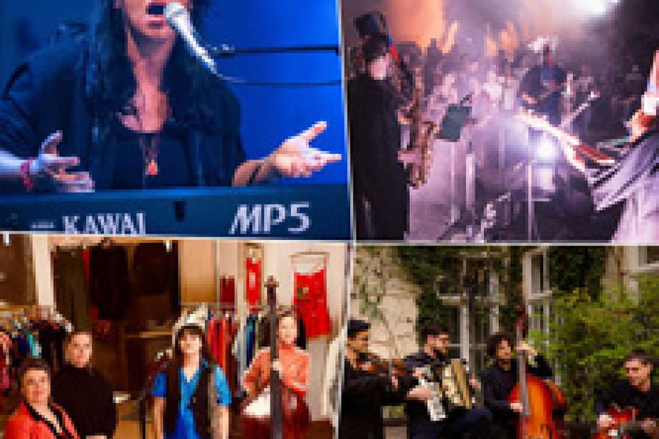 Collage verschiedener Musikgruppen und Musiker bei Auftritten.