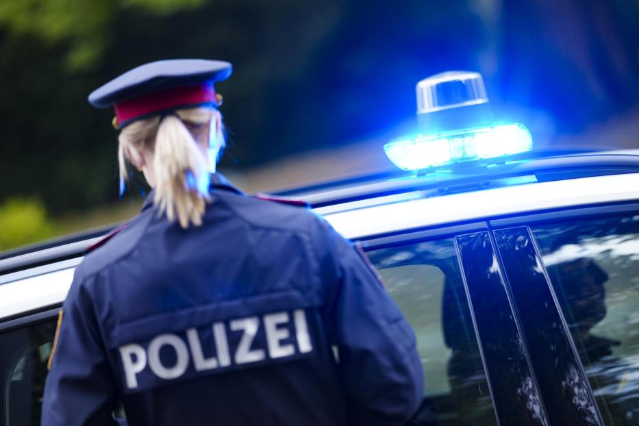 Blaulicht auf dem Dach eines Polizeiautos, Polizistin steht davor.