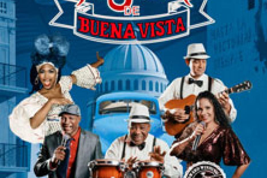 Das Cover von „Pasión de Buena Vista“ zeigt eine Band vor einem blauen Hintergrund mit kubanischen Motiven.