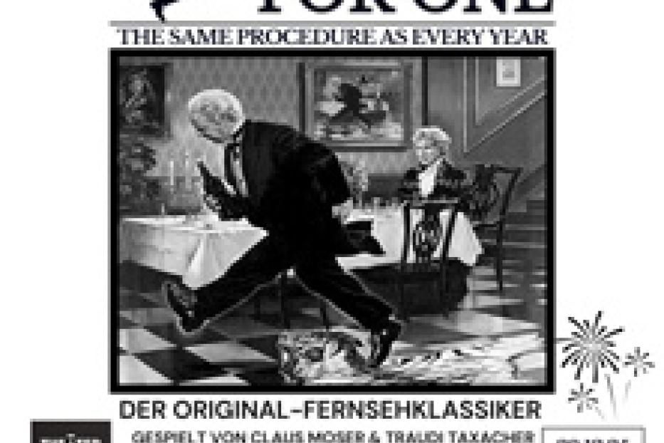 Eine Szene aus „Dinner for One“ mit Miss Sophie und ihrem Butler James.