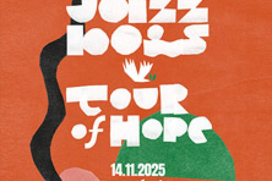 Ein orangefarbenes Konzertplakat für Joizz Boizz' „Tour of Hope“ am 14.11.2025 im Flex Café Wien.