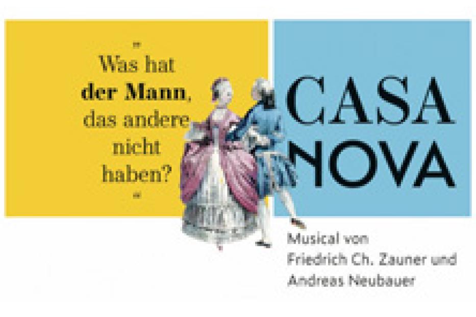 Werbeplakat für das Musical „Casanova“ mit zwei Personen in historischen Kostümen.