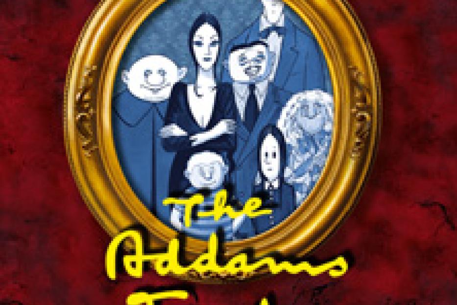 Ein gezeichnetes Familienporträt der Addams Family in einem goldenen Rahmen.