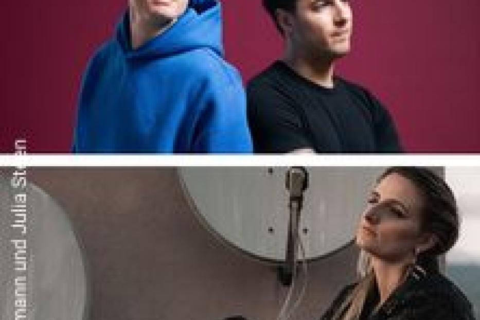 Ein Doppelporträt von zwei Männern und einer Frau vor farbigen Hintergründen.