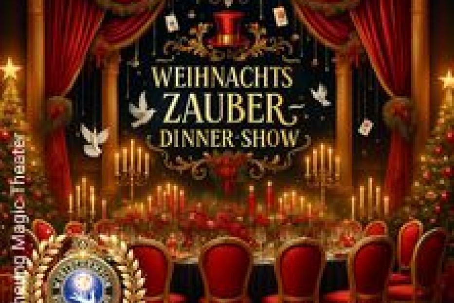 Ein festlich gedeckter Tisch für eine „Weihnachtszauber Dinner Show“.