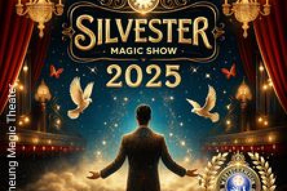 Ein Werbeplakat für die Silvester Magic Show 2025 mit einem Magier auf der Bühne.