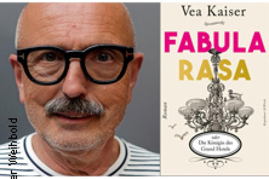 Ein Porträt von Vea Kaiser neben dem Buchcover von „Fabula Rasa“.