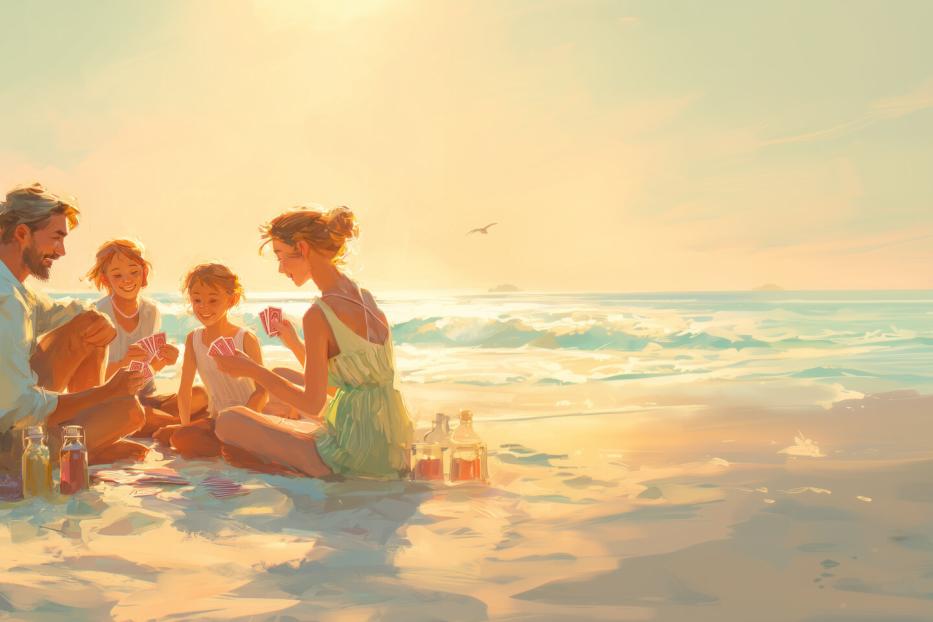 Familie beim Kartenspiel am Strand