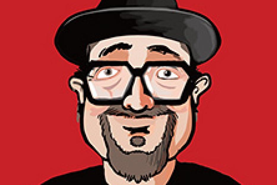 Ein Cartoon-Porträt eines Mannes mit Bart, Brille und Hut vor einem roten Hintergrund.
