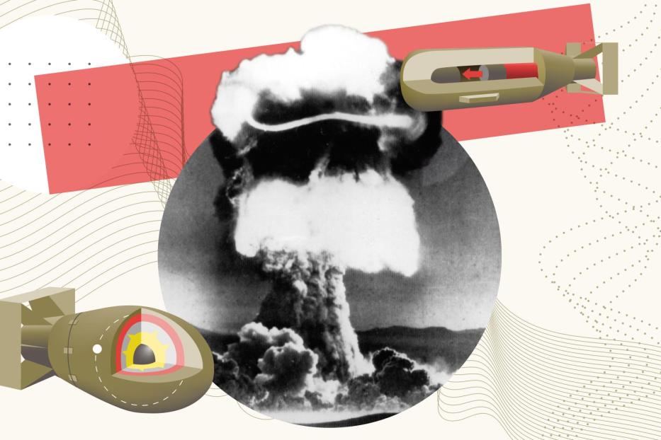 Bild zeigt den Atompilz von Hiroshima und die beiden Atombomben "Fat Man" und "Little Boy"