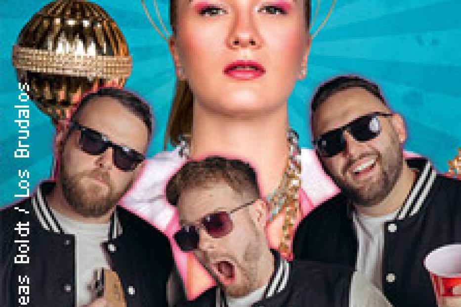 Ein Bandfoto von Los Brudalos mit einer Frau im Zentrum und drei Männern mit Sonnenbrillen im Vordergrund.