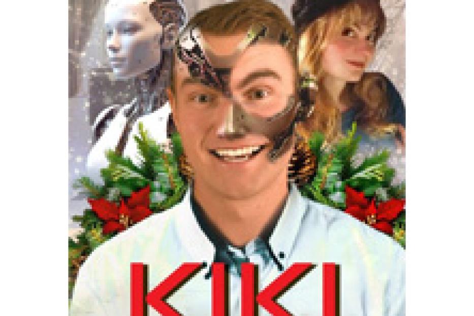 Das Filmplakat für das Sci-Fi-Weihnachtsmusical „Kiki“ zeigt einen Mann mit einer Robotergesichtshälfte.