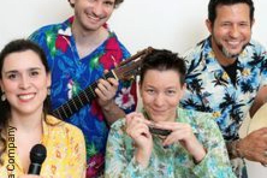 Eine vierköpfige Band in bunten Hemden lächelt in die Kamera.