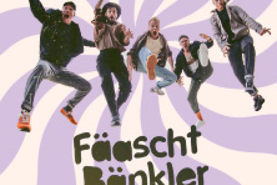 Fünf Männer springen vor einem psychedelischen Hintergrund in die Luft. Im Vordergrund steht der Bandname „Fäascht Bänkler“.