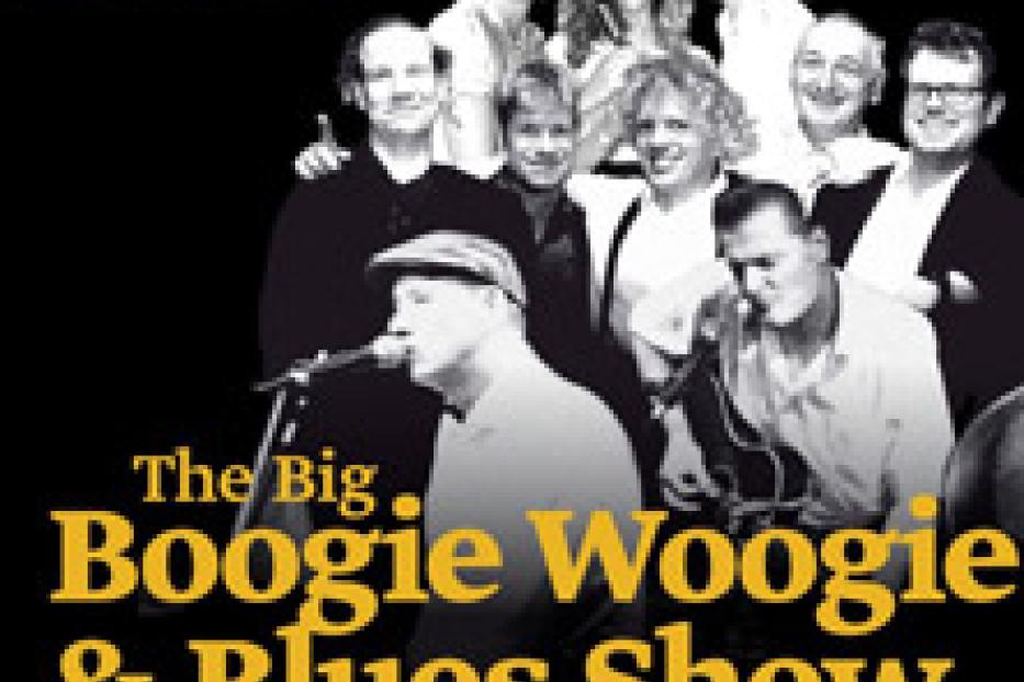 Ein Werbeplakat für „The Big Boogie Woogie & Blues Show“ mit mehreren Musikern.