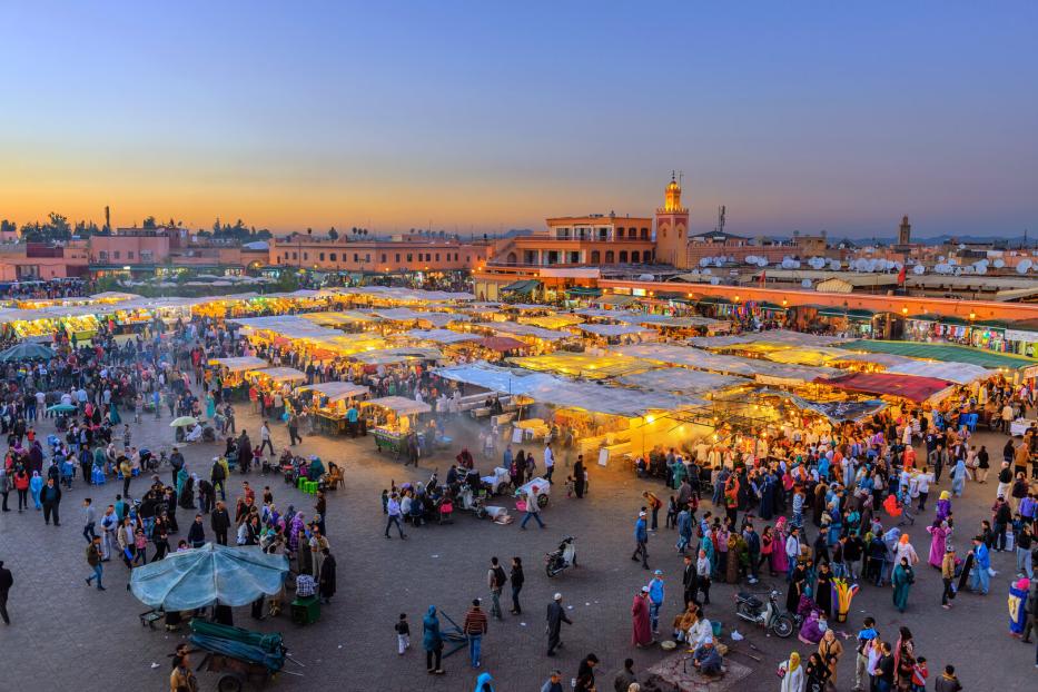 Evening Djemaa El Fna Square with Koutoubia Mosque, Marrakech, Morocco