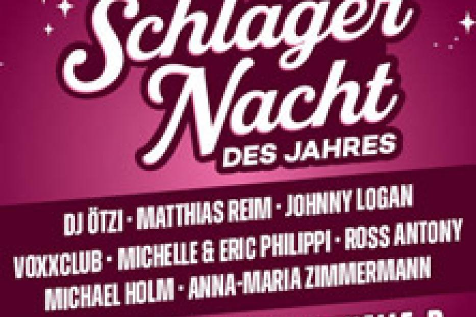 Plakat für „Die Schlager Nacht des Jahres“ am 01.11.2025 in der Wiener Stadthalle mit DJ Ötzi, Matthias Reim und anderen Künstlern.