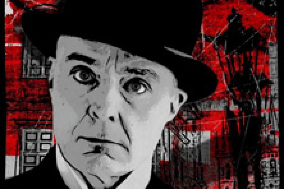 Ein Mann mit Melone vor einem rot-schwarzen Hintergrund mit Straßenszene.