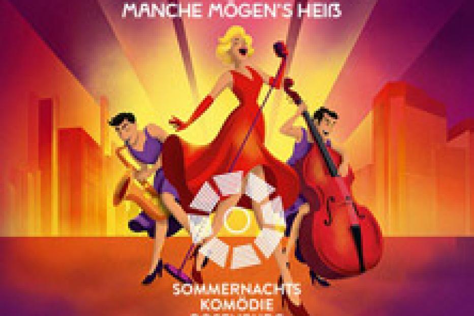 Plakat für das Musical „Sugar – Manche mögen’s heiß“ mit drei Darstellern vor einer Stadtkulisse.