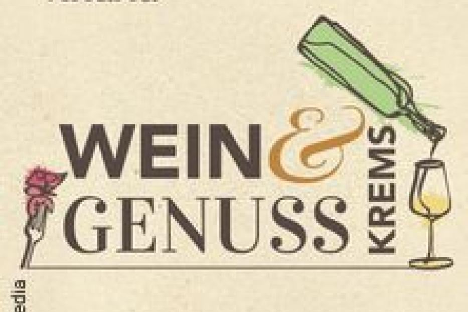 Ein Logo für „Wein & Genuss Krems“ mit einer Weinflasche und einem Weinglas.