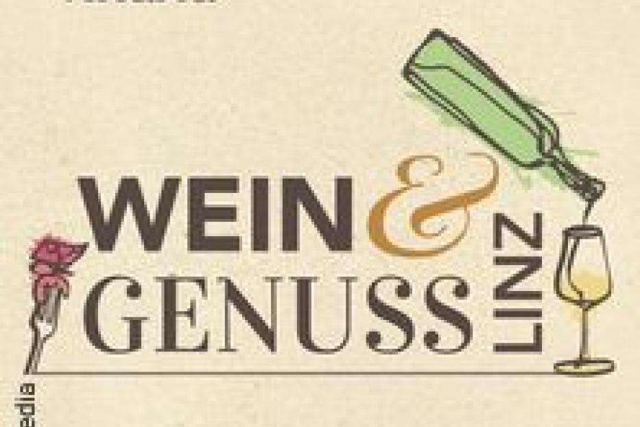 Das Logo der „Vinaria Wein & Genuss Linz“ Veranstaltung mit Weinflasche und -glas.