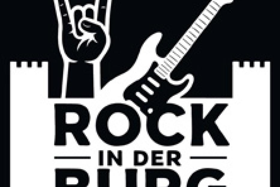 Ein Logo für „Rock in der Burg“ mit einer Gitarre und einer Hand, die das Pommesgabel-Zeichen macht.