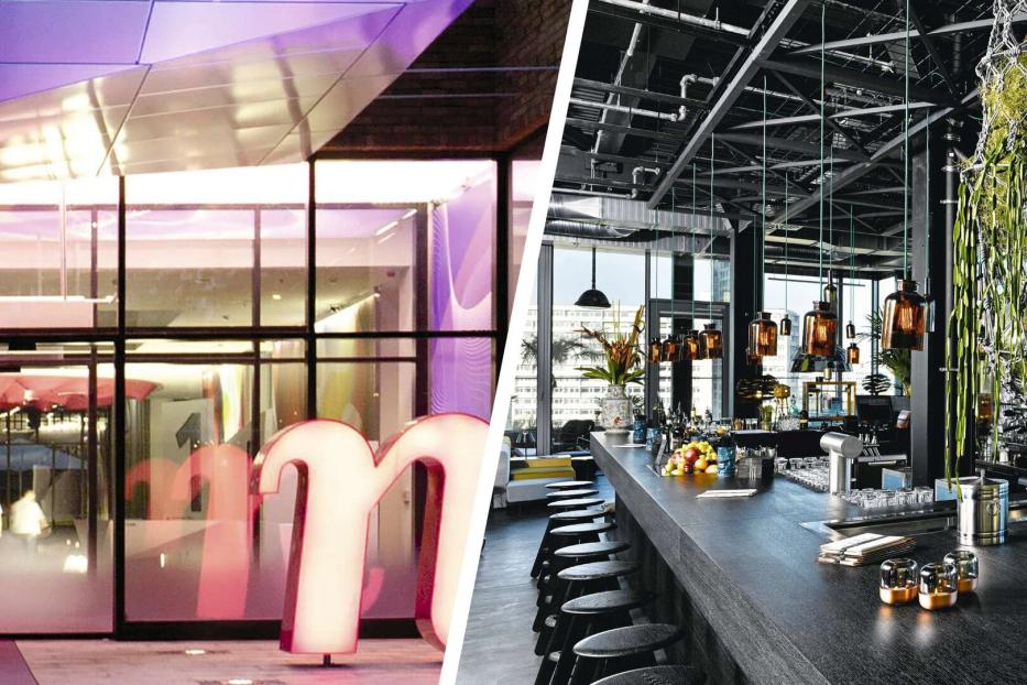 Gegenüberstellung: Links der Eingang zum Nhow mit einem großen N-Aufsteller neben der Türm. Rechts: die Bar des 25hours mit Pflanzen, die von der Decke herunterhängen