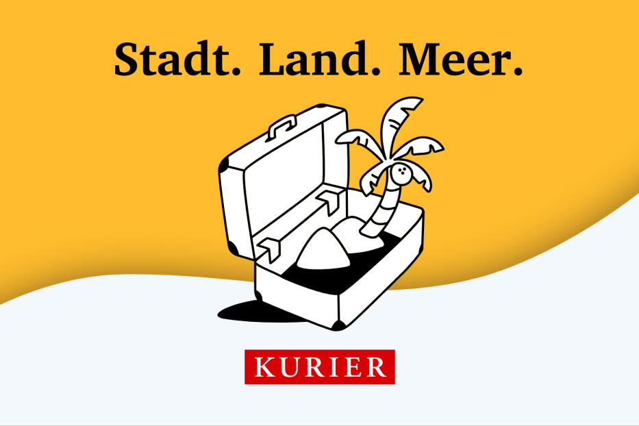 Aus einem stilisierten Koffer wächst eine tropische Szene mit Palmen; darüber steht „Stadt. Land. Meer.“.