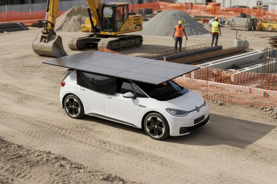 Konzeptgrafik zeigt Elektroauto mit Solarwing am Dach, das vor einer Baustelle steht