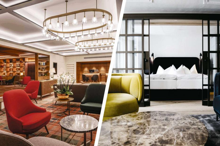 Links gemütliche Lobby mit roten Sesseln und Bücherregalen, rechts modernes Schlafzimmer mit Doppelbett und farbigen Sofas.