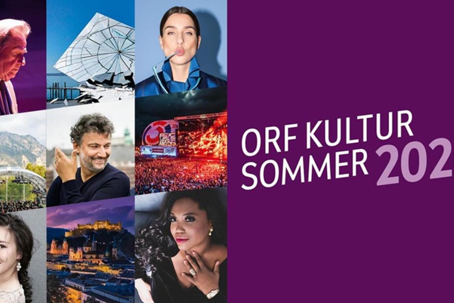 Eine Collage zeigt verschiedene Künstler und Veranstaltungsorte vor dem violetten Schriftzug „ORF KULTUR SOMMER 2026“.
