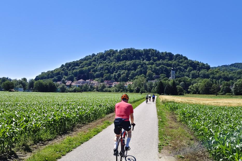 Eine Gruppe von Radfahrern fährt auf einem asphaltierten Weg zwischen Feldern auf ein Dorf mit bewaldetem Hügel zu.