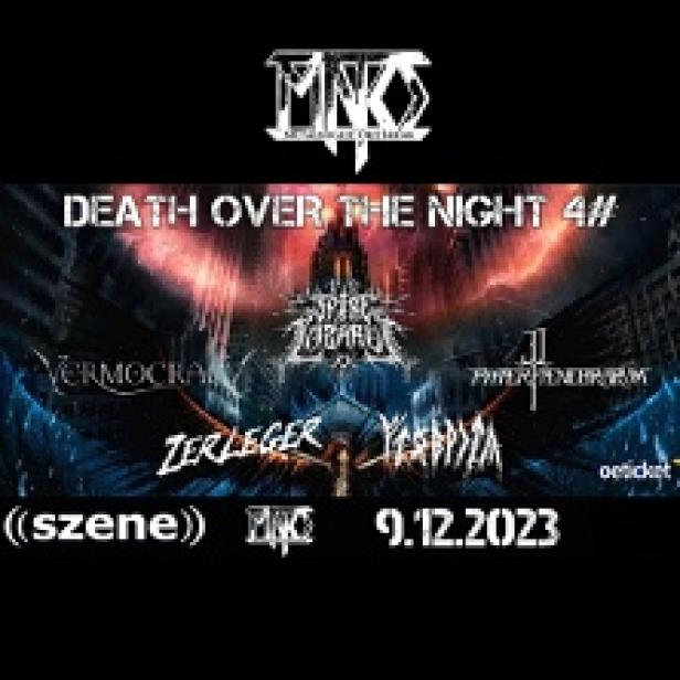 Ein Konzertplakat für „Death Over The Night 4“ mit mehreren Bands und dem Datum 9.12.2023.