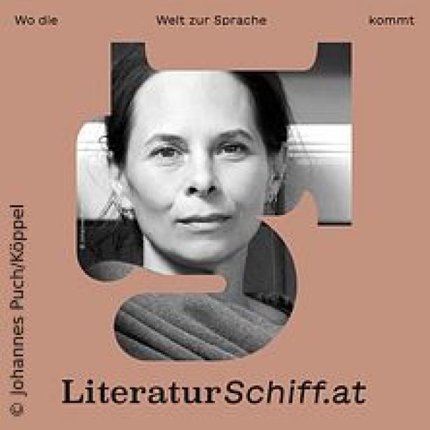 Porträt einer Frau, umrahmt von Text und dem Schriftzug LiteraturSchiff.at.